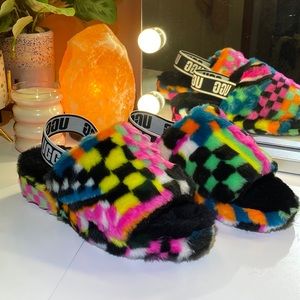 Womens UGG Fluff Yeah Slide Sandal - Black / Checkered Multicolor